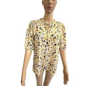 Ann Taylor‎ LOFT Floral Print Smocked Neck Tie Neck Short Sleeve Blouse Women